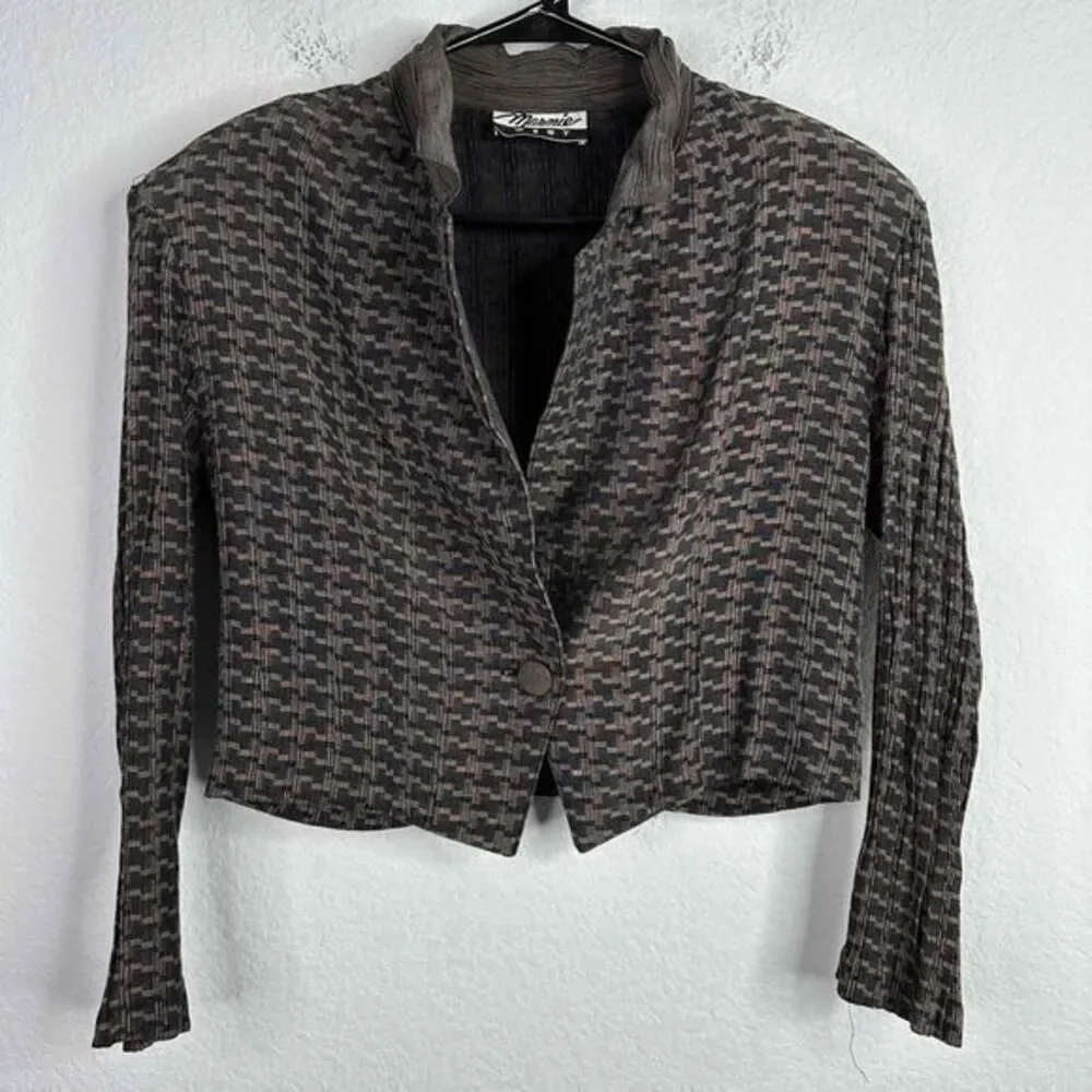 Vintage Marnie West Womens Medium Herringbone Retro Shoulder Pads Cropped Blazer